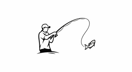 Fototapeta premium Fisherman reels in a leaping fish caught on a line