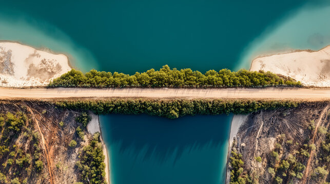 Aerial View of River Splitting Around Narrow Sandbar: Contrasting Flow Textures on Either Side Under Natural Daylight