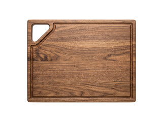 Fototapeta premium Dark brown wooden cutting board with a handle isolated on black background wooden board