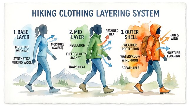Hiking Clothing Layering System Watercolor Infographic