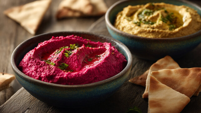 Contrast of pink beet hummus and yellow chickpea hummus with pita bread, middle eastern food
