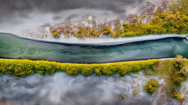Aerial View of River Splitting Around Narrow Sandbar: Contrasting Flow Textures on Either Side Under Natural Daylight
