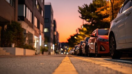 Obraz premium Sunset over a city street with parked cars in the evening
