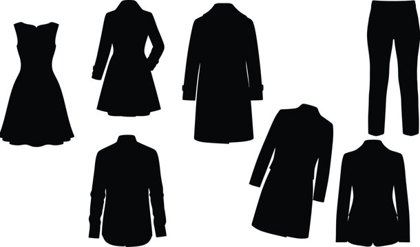 Fashion and apparel silhouette collection, set of seven black vector outlines featuring elegant dresses, winter overcoats, professional blazers, and trousers isolated on white.