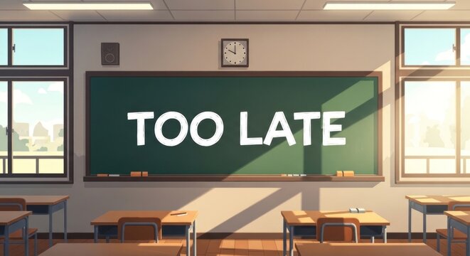 Classroom blackboard with the words TOO LATE written on it.