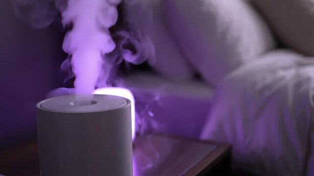 In a tranquil living space, a sleek diffuser releases plumes of aromatic mist, enveloping the room in a purple glow and creating an atmosphere of calming serenity. Soft fabrics rest nearby.
