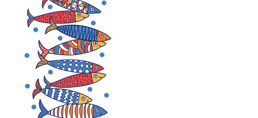 Obraz premium Sardines. Vector sea poster. Undersea. Wave.