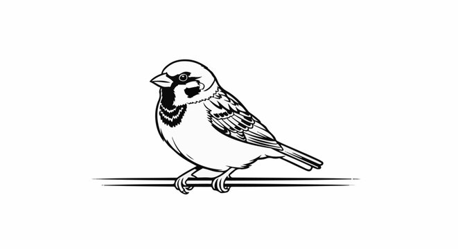 Detailed line drawing of a small bird with dark markings on its head and chest perched