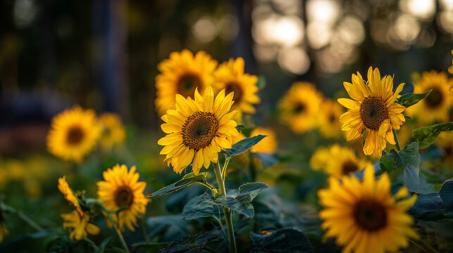Sunflowers Swaying Rhythmically in Field Wind, Mimicking Punjabi Dance Movement, Golden Hour Nature Photography