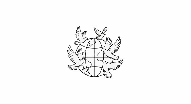 Five doves circling a stylized globe with visible continents