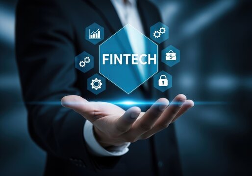 Business professional holding glowing fintech innovation icons in hands