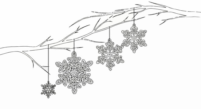 Delicate snowflake ornaments dangle from a barren branch