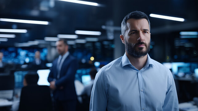 Male Professional in Modern Office Environment: Focused Work Atmosphere with Upper Body Shot and Professional Studio Lighting