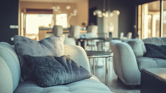 Contemporary Living Room Interior with Modern Furniture Arrangement: Architectural Perspective View with Soft Diffused Light and Blurred Elements