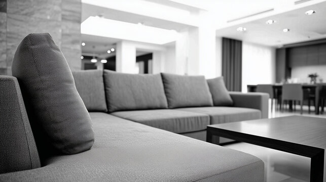 Contemporary Living Room Interior with Modern Furniture Arrangement: Architectural Perspective View with Soft Diffused Light and Blurred Elements