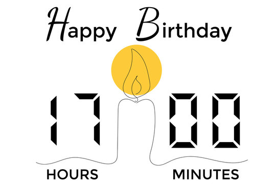 Happy birthday with a picture of candles and a digital clock showing 17:00 on a white background