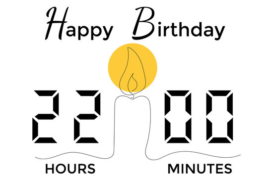 Happy birthday with a picture of candles and a digital clock showing 22:00 on a white background