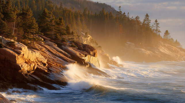 New England Coastal Rock Cliffs with Waves Crashing Against Historic Shoreline: Dramatic Seascape in Golden Hour Light