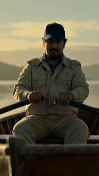 Vertical video: Rowing man wearing navy cap, starting pulling oars on calm lake, dinghy reflection
