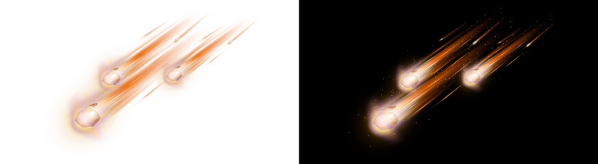 PNG image of Glowing asteroids falling through deep space with bright orange trails and fiery particles shown on transparent background © rehena