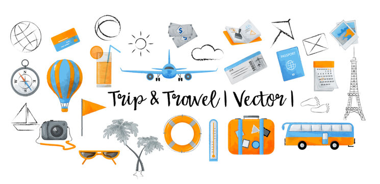 Set of summer travel and vacation objects in watercolor style isolated on transparent background. Hand painted vector illustration for tourism, holiday, and seasonal design