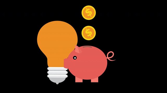 Piggy Bank with Light Bulb Idea and Coins Creative Investment Animation Loop with Alpha Channel