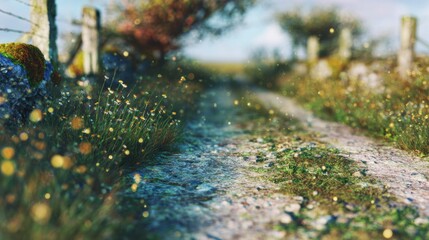 Fototapeta premium Pathway through green grass and flowers in a rural field during daylight