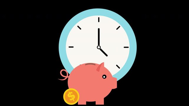 Piggy Bank with Large Clock and Gold Coin Financial Planning Animation Loop with Alpha Channel