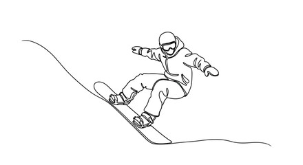 One line drawing of a person snowboarding down a slope © Sendal