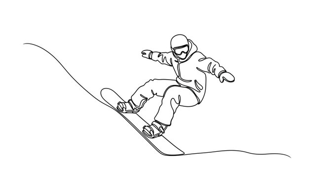 One line drawing of a person snowboarding down a slope