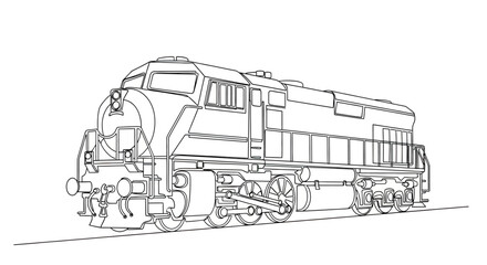 Black and white line drawing of a large diesel locomotive on tracks © Sendal