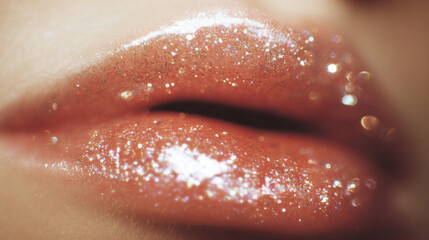 Fototapeta premium Close-up of shiny lips covered in glitter during a makeup session