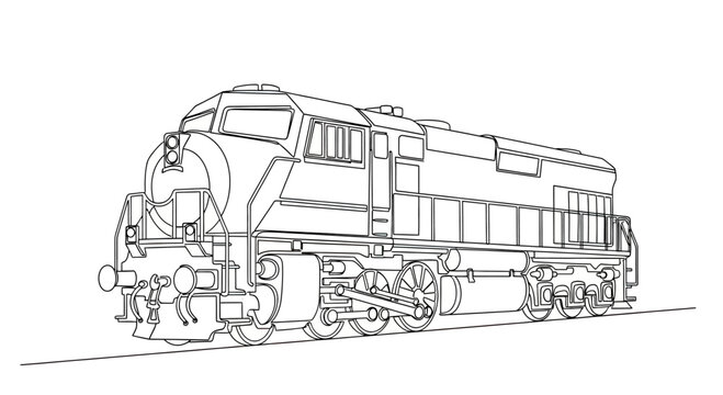 Black and white line drawing of a large diesel locomotive on tracks