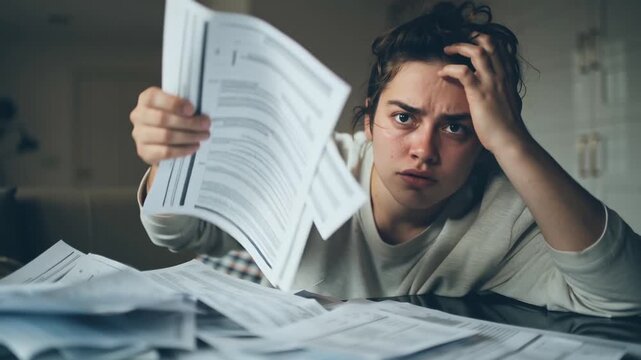 Student at a cluttered desk surrounded by papers shows stress and worry, overwhelmed by homework and exams, fatigue and focus in a tense moment of study and learning at home