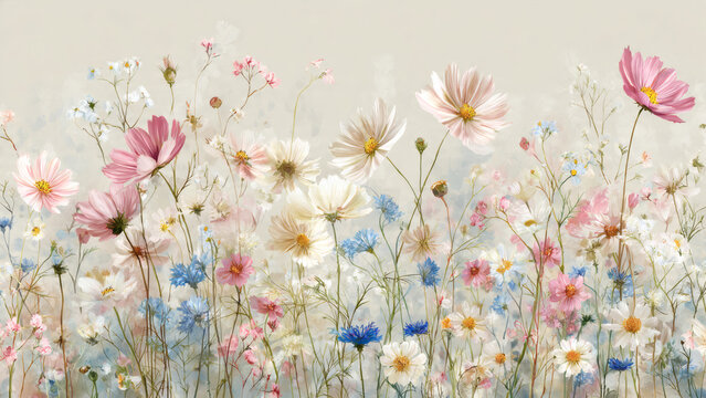 Soft watercolor wildflower meadow with white and pink cosmos and blue cornflowers on textured beige background. Romantic vintage botanical illustration.