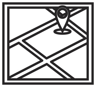 Minimalist black and white vector icon of a navigation map with a location pin marker. Scalable line art illustration of a street map with a destination pointer for GPS, travel, and direction.