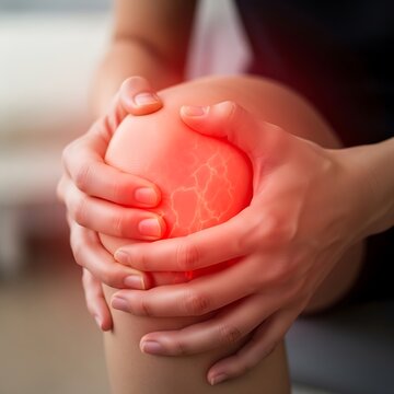 Person holding knee with glowing red pain illustration injury joint