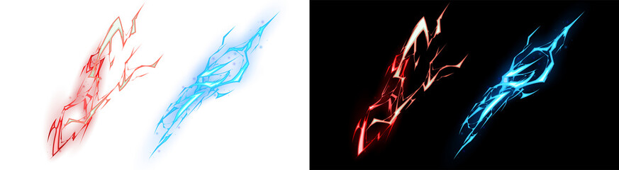 Obraz premium PNG image of&nbsp;Two vibrant, dynamic, abstract lightning energy burst effects in glowing red and electric blue, perfect for game design on transparent background.
