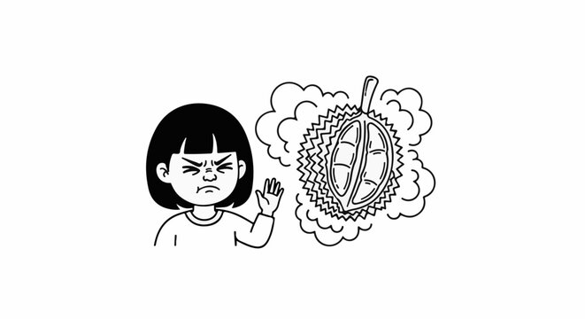 Girl recoiling from strong smell of durian fruit