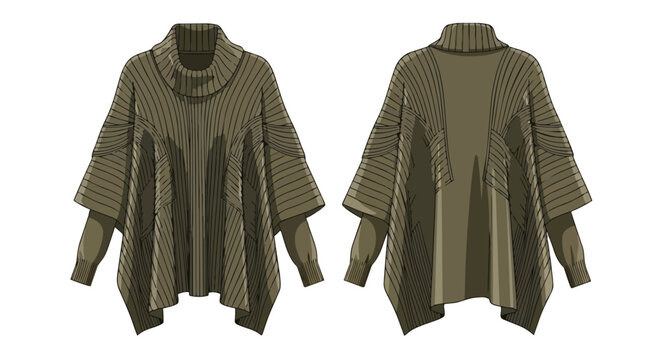 Earthy olive knit poncho sweater technical drawing with cowl neck and layered sleeves. Front and back views for fashion design. Unique textile