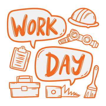 Work Day Essentials: a simple illustration capturing the essence of a typical workday with tools and equipment in comic bubbles, conveying the joy of a good work ethic.