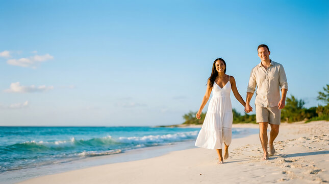 Couple walking on a beautiful sandy beach.