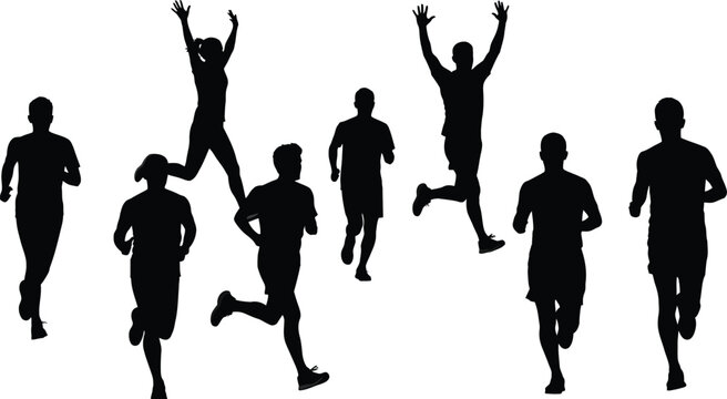 Group of eight runner silhouettes in dynamic motion, black vector icons of male and female athletes celebrating victory and running isolated on white.