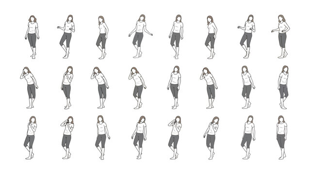 Woman's pose study: A series of illustrations present the graceful movement of the female figure, each a unique expression of posture, angle, and gesture. An artful showcase of human form