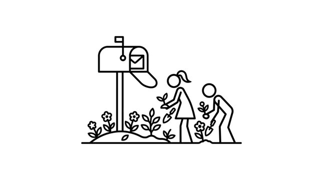 Children Planting Flowers Next to a Mailbox