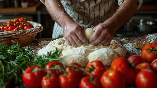 Male baker wearing apron skillfully kneads dough both hands domestic kitchen. He prepares freshly baked bread or pizza dough, utilizing manual techniques before placing it oven perfectly baked crust