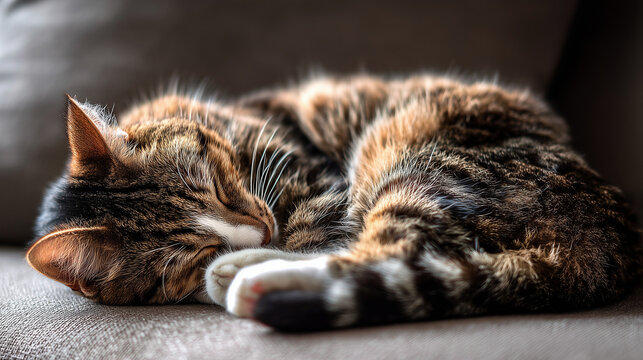 Adorable tabby cat curled up on neutral-toned fabric, bathed in soft window light. wildlife magazines, conservation campaigns, designed for eco-tourism storytelling.