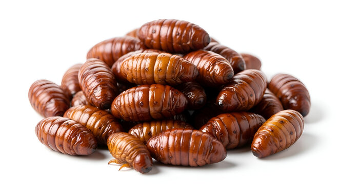 Silkworms piled up on white background.