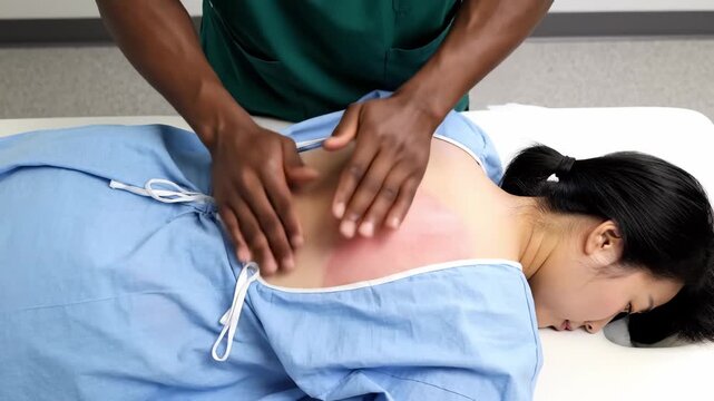 A skilled therapist applies deep pressure to the back of a patient in a clinical environment, creating a calming atmosphere. The focus is on relief and healing through touch as tension dissipates.