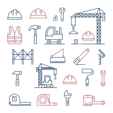 Construction Icons and Equipment: A set of detailed line art icons showcasing essential construction tools and equipment, ideal for illustrating projects and industry-related concepts.